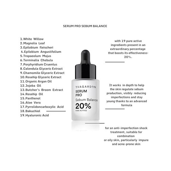 Serum Pro Sebum Balance 20 Percent Pure Actives by Evagarden for Women - 0.68 oz Serum