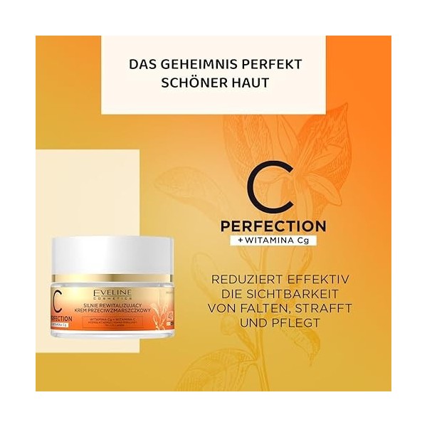 Eveline Cosmetics C-Perfection Crème Anti-Rides Revitalisante Intensive 40+ avec Acide Férulique, Tri-Collagène & Hydrolat de