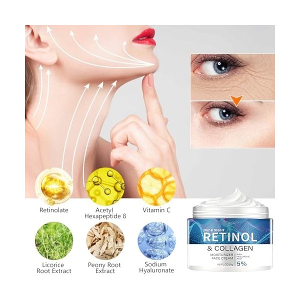 Crème Hydratante Visage Nuit Bio avec Rétinol, Crème Blanche pour La Peau au Rétinol, Crème pour Le Visage au Collagène au Ré