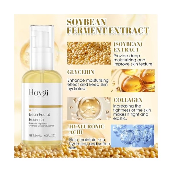 Bean Essence, 50ML Serum Hydratant Visage, Serum Visage Riche en Protéines de Soja, Acide Hyaluronique Serum Visage, Exfoliat