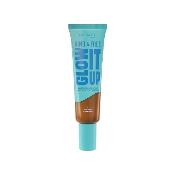 Rimmel London Kind & Free GLOW IT UP Moisturising Skin Tint, 504, Deep Mocha, Soothes and Calms Sensitive Skin, Healthy Glow,