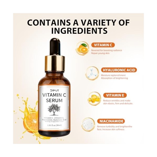 Sérum à la vitamine C pour le visage, sérum à la vitamine C avec acide hyaluronique et vitamine E, sérum éclaircissant pour l