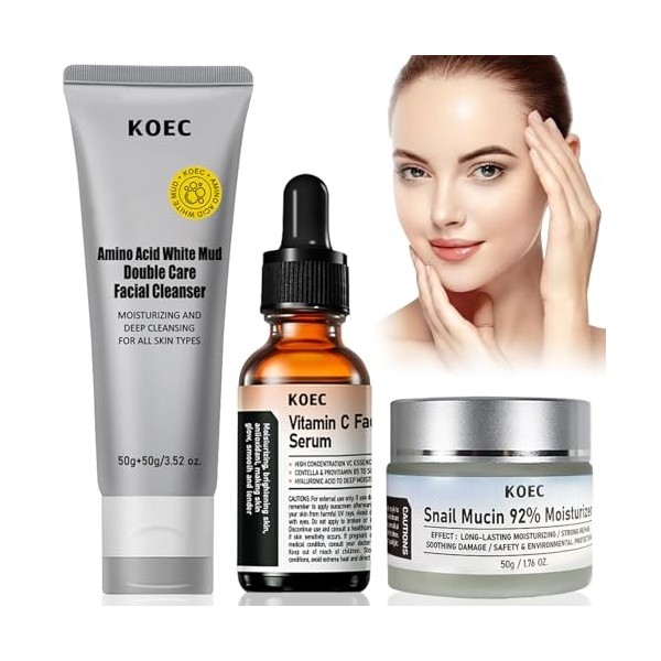 Snail Mucin 92% Moisturizer 50g +Vitamin C Serum 30 ml +Double Care Facial Cleanser 50g Hydratation Longue Durée, Soin Anti-â