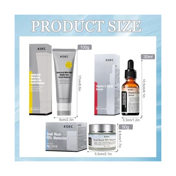 Snail Mucin 92% Moisturizer 50g +Vitamin C Serum 30 ml +Double Care Facial Cleanser 50g Hydratation Longue Durée, Soin Anti-â