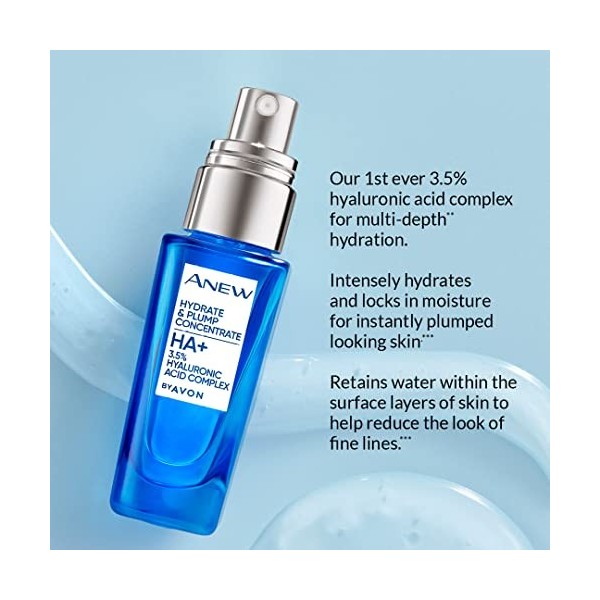 Avon Concentré Anew Hydrate & Plump, avec complexe dacide hyaluronique à 3,5% pour hydrater la peau en profondeur et retenir