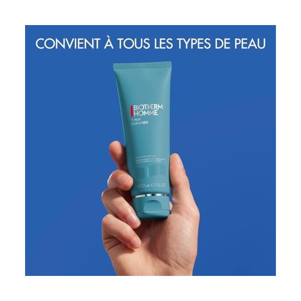 BIOTHERM HOMME - T-Pur Nettoyant Visage Homme à lArgile - Anti-Sébum - Purifie & Matifie - Peaux Mixtes à Grasses - 125ml