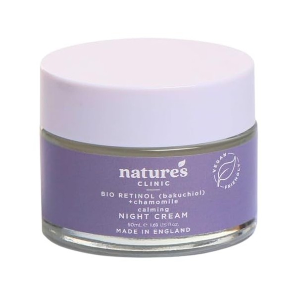 Bio Retinol Crème de nuit apaisante pour le visage et le cou, 50 ml – Avec camomille, végétalien, fabriquée au Royaume-Uni c