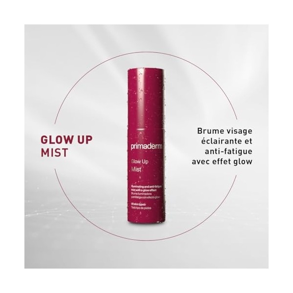 Primaderm - Glow Up Mist - Brume pour le visage avec effet éclat - Hydratante - Réduit les signes de fatigue - Antioxydant -