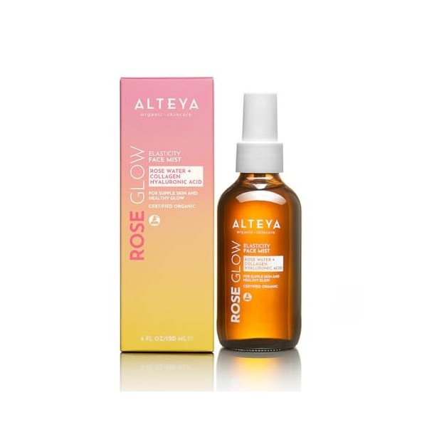 Alteya Organic Rose Glow Elasticity Collagène Visage Mist 120 ml - Tonique bio certifié NaTrue - Eau de rose, acide hyaluroni