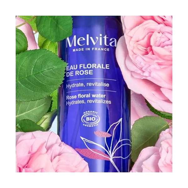 Melvita, Eau florale de rose hydratante, 100% naturelle, idéale comme tonique apaisant ou brume rafraîchissante, parfum délic