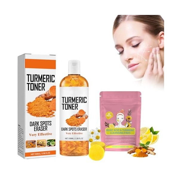 Tkekruh 40pc Tampons à lacide Kojique et au Curcuma et 100ml Turmeric Toner au Curcuma, Combat LAcné, Estomper les Marques 