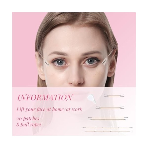 QOMJUFA 20 patchs + 8 cordes de levage Lift Tape,Face Lift Patch,Autocollant, Instant, Invisible,V-Line, Kit de Lifting du Co