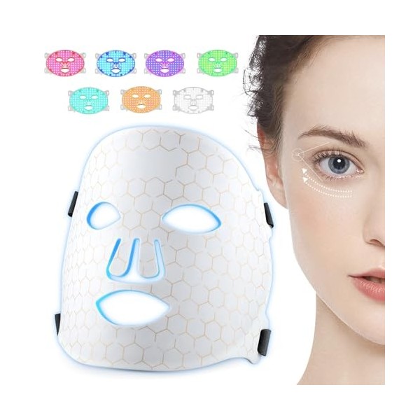 Masque de luminothérapie à LED - Masque lumineux rouge - 7 couleurs - Rechargeable - Pour le visage et la peau - Appareil de 