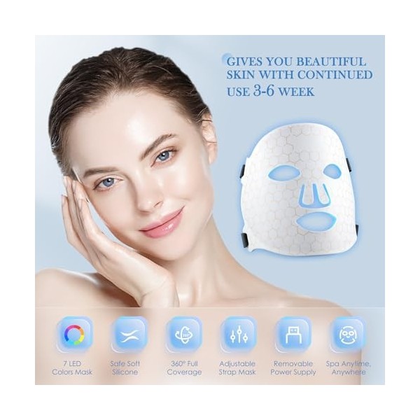 Masque de luminothérapie à LED - Masque lumineux rouge - 7 couleurs - Rechargeable - Pour le visage et la peau - Appareil de 