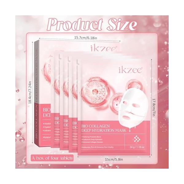 Collagen Deep Hydration Mask 4 Pièces, avec Ácido Hialurónico y Vitamina E y Niacinamida, Bio Collagen Real Deep Mask, Deep C