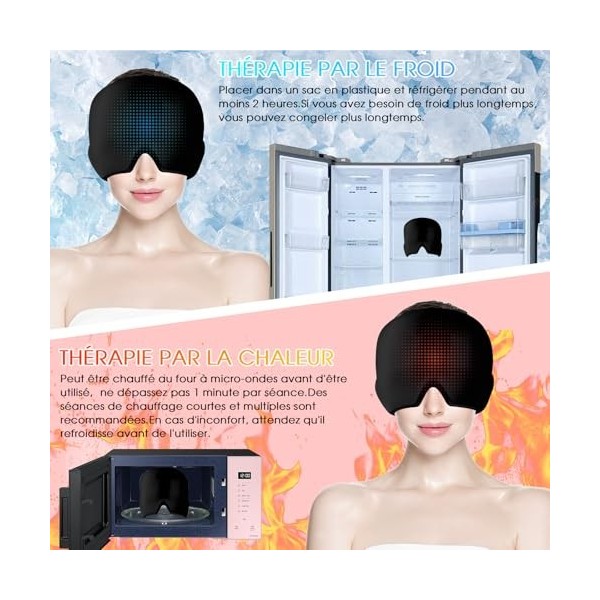 Scettar 2 Pièces Masque Migraine Noir et rose ,Bonnet Anti Migraine Peut être Recyclé,Masque Migraine Froid,Migraine Miracle 