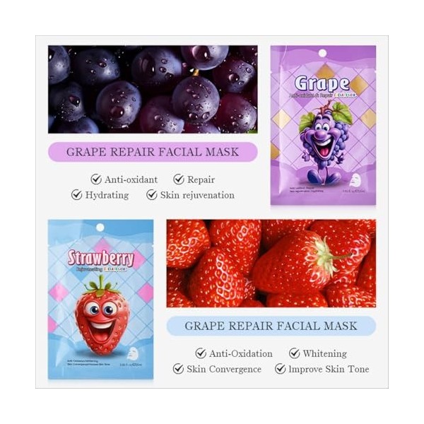 Lot de 7 Masque Hydratant Visage, Masques Fruités Naturels pour le Visage, Masque visage Hydratant & Repulpant, Masque Répara