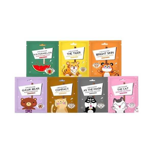 Lot de 7 masques en tissu pour adolescentes – Masques amusants imprimés danimaux – Avec tigre et chat – Ensemble cadeau faci