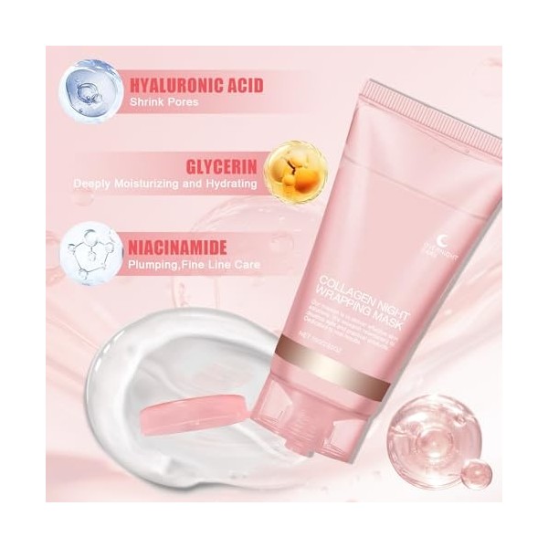 Masque de Nuit au Collagène, Masque Visage Collagene, Wrapping Peel Off Facial Mask, Masque Exfoliant au Collagène, pour Hydr