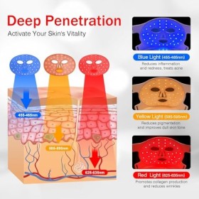 Masque LED Visage Luminothérapie, 3 Couleurs Masque Led Masque Visage Silicone de Qualité Alimentaire Avec Télécommande Multi