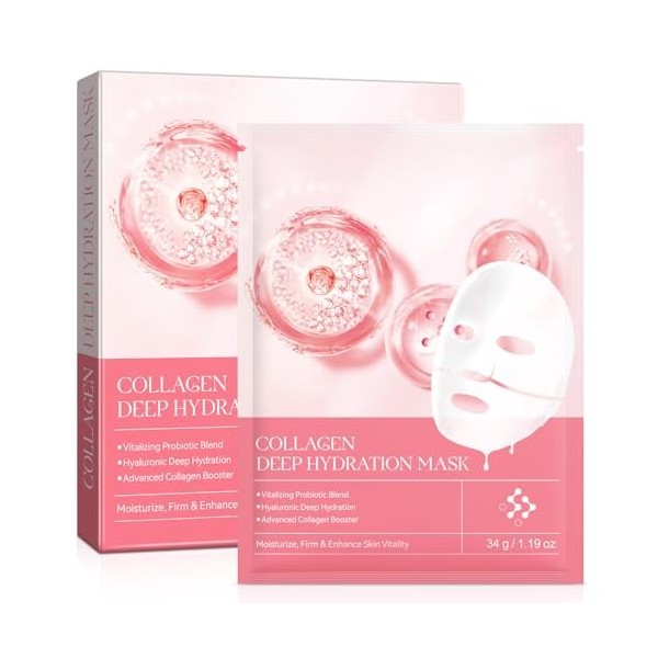 Masque visage au collagène bio, 4 pièces Masque au collagène bio pendant la nuit, Masque hydratant anti-rides liftant, Masque