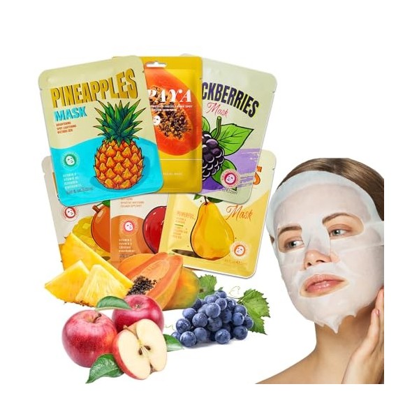 6 pièces Masques Tissus Hydratants,Masque Hydratant Visage Nourrissants,pour Tous les Types de Peau, 25ML