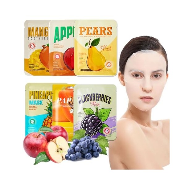 6 pièces Masques Tissus Hydratants,Masque de Beauté,Soin Coréen pour le Visage avec Ingrédients Naturels,25ML