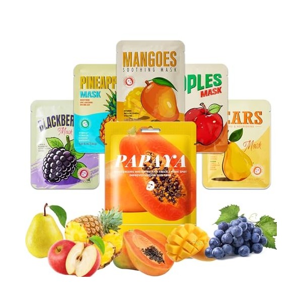 Lot de 6 Masques Tissus Hydratants,soin visage pour une peau éclatante et visiblement plus jeune