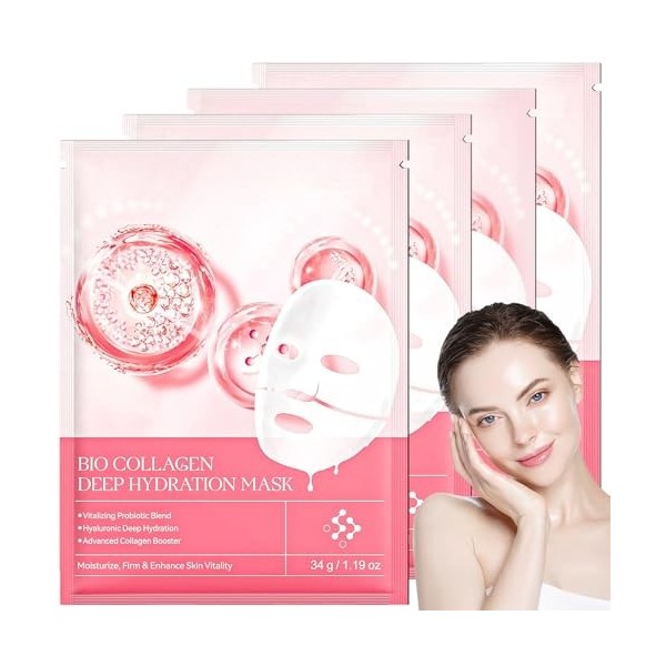 Masque Collagene Visage, Bio Mask Collagen, Night Mask, Skincare Masque Nuit, Masque Hydratant Profondeur 4 Pièces 