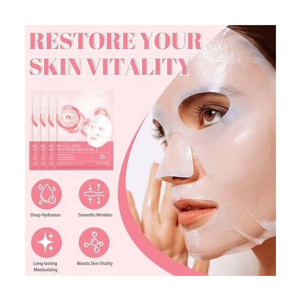 Masque Collagene Visage, Bio Mask Collagen, Night Mask, Skincare Masque Nuit, Masque Hydratant Profondeur 4 Pièces 