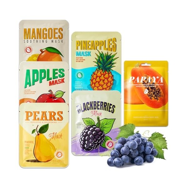 6 Pièces Masque Visage Femme,Masques Tissus Hydratants,Hydratant & Repulpant,Pour peaux sèches