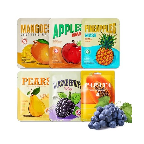 6 Pièces Naturel Pack de masques,Masques Tissus Hydratants,Soins du Visage pour Femmes, Nourrissants