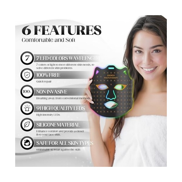 SDKWDH Thérapie à la lumière rouge pour le visage, masque facial à LED thérapie par la lumière à la maison, 7 couleurs de mas