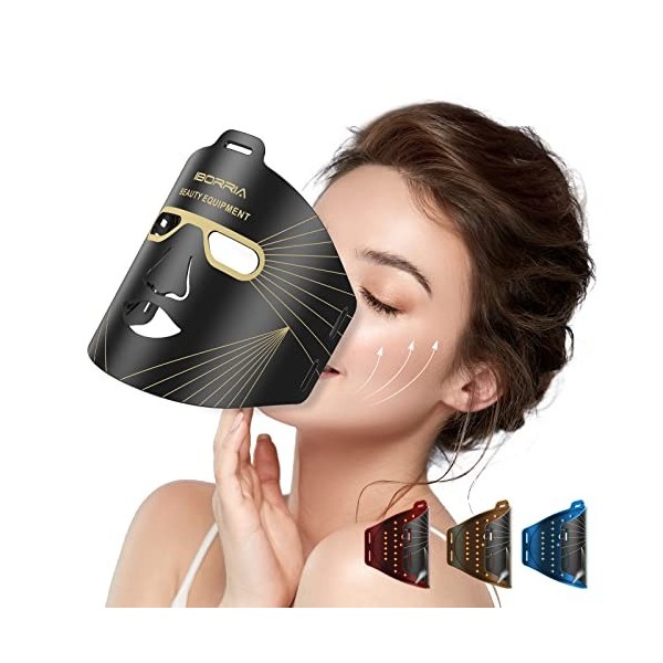 IBORRIA Masque Facial LED de Visage Luminothérapie, Thérapie par la Lumière Rouge Anti-Âge, 3 Couleurs, Raffermissant, Éclair