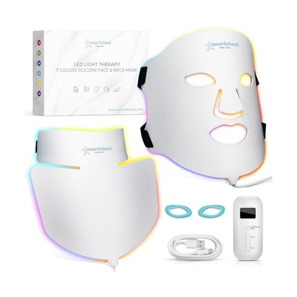 Nourished Bodynskin Masque Visage et Cou de Luminothérapie LED - Appareil de Soin de la Peau du Visage - 7 Couleurs Rouge et 
