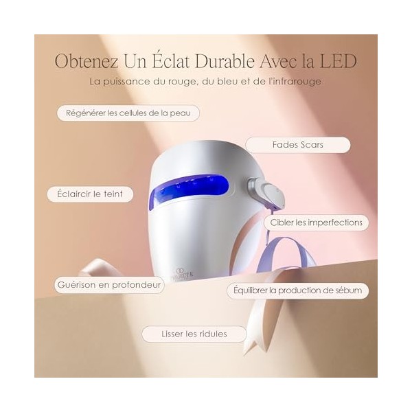 LED Light Therapy Mask de Project E Beauty | Luminothérapie Infrarouge, Rouge et Bleue | Renforce le Collagène | Anti-Rides e