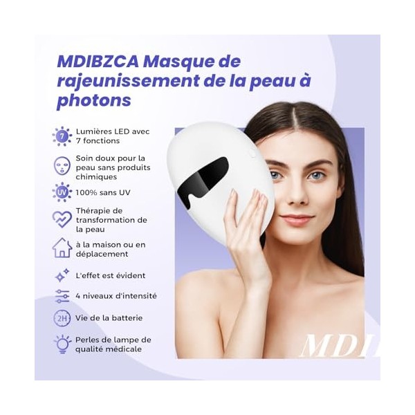 MDIBZCA Masque Led Visage Luminothérapie 7 Couleurs Appareil Anti Rides Visage, Masque De Beauté Pour Anti-Âge, Rajeunissemen