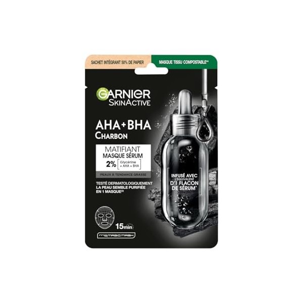 GARNIER Skin Active - Masque Visage Tissu Charbon Végétal - Réducteur De Pores & Hydratant - Charbon Pur, Acide Hyaluronique,