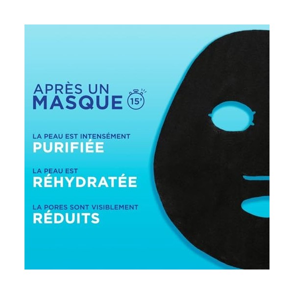 GARNIER Skin Active - Masque Visage Tissu Charbon Végétal - Réducteur De Pores & Hydratant - Charbon Pur, Acide Hyaluronique,