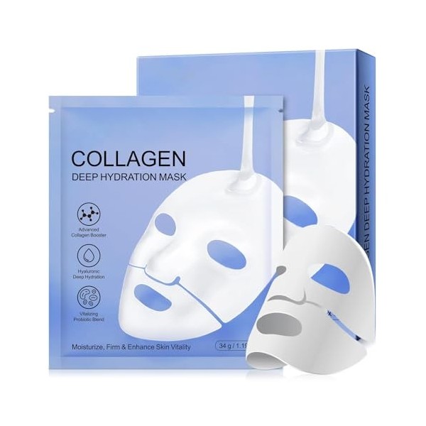 Masque Collagène lot de 6 , Masque de Nuit Hydrogel Hydratant pour Femmes, Rétrécit les Pores, Améliore Lélasticité, Masque