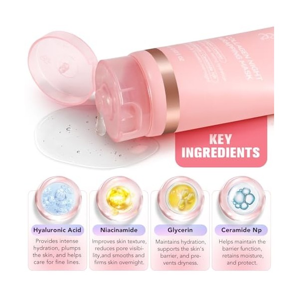 Collagen Night Wrapping Mask, Peel Off Masque Visage de Nuit au Collagène, Hydratation Intense, Peau éclatante, Réduction du 