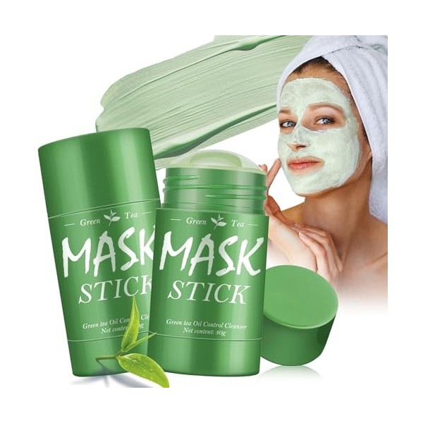 2 Pièces Green Mask Stick, Solide masque Masque Stick au thé vert, Nettoie en Profondeur les Pores Purifiant, idratante Nouri