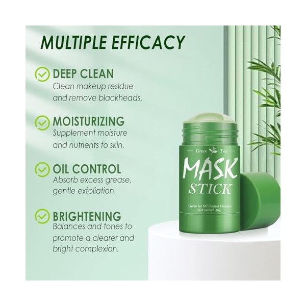 2 Pièces Green Mask Stick, Solide masque Masque Stick au thé vert, Nettoie en Profondeur les Pores Purifiant, idratante Nouri