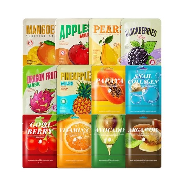 12 Masques en Feuille, Soin Coréen pour le Visage avec Ingrédients Naturels, Masque de Beauté Daily Care, Hydratation et Nour