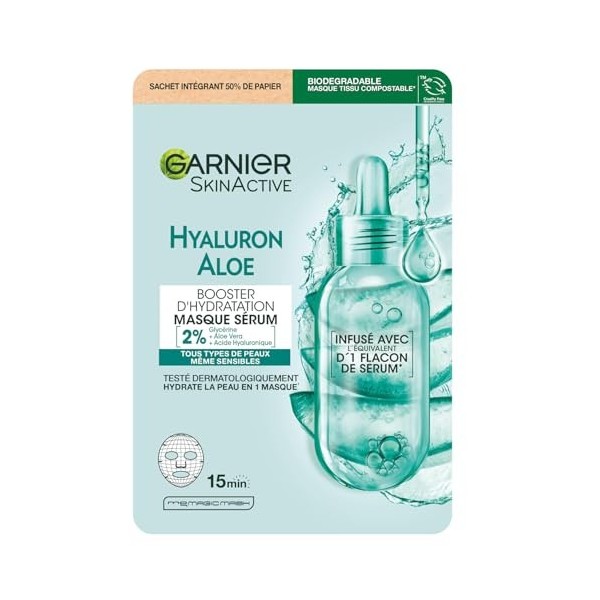 GARNIER Skin Active - Masque Tissu Booster dHydratation - Hydrate La Peau En 15 min - Acide Hyaluronique, Glycérine, Aloe Ve