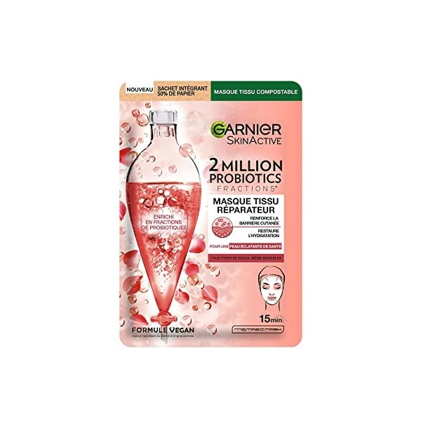 GARNIER Skin Active - Masque Visage Tissu 2 Million Probiotics - Masque Réparateur - Éclat & Hydratation - Enrichi en Fractio