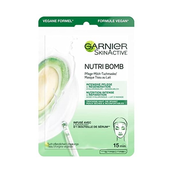 GARNIER Skin Active - Masque Visage Tissu Nutri Bomb - Nutrition Intense & Revitalisant - Lait de Coco & Acide Hyaluronique -