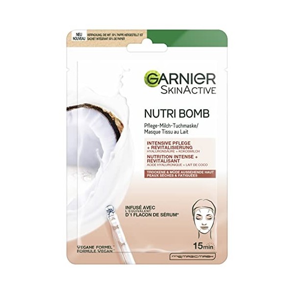 GARNIER Skin Active - Masque Visage Tissu Nutri Bomb - Nutrition Intense & Revitalisant - Lait de Coco & Acide Hyaluronique -