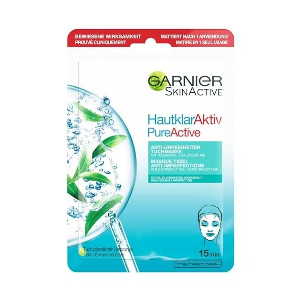 GARNIER Skin Active - Masque Tissu Anti-Imperfections - Réduit Pores, Sébum & Points Noirs - BHA, Niacinamide, Huile d’Arbre 