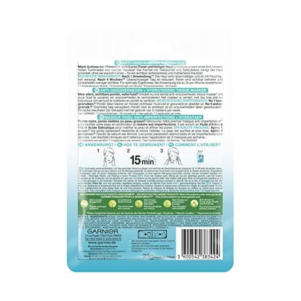 GARNIER Skin Active - Masque Tissu Anti-Imperfections - Réduit Pores, Sébum & Points Noirs - BHA, Niacinamide, Huile d’Arbre 